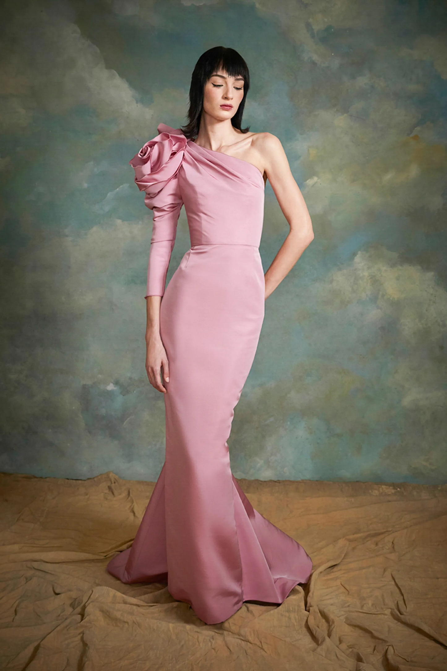 Draped 3D Floral Long Sleeve Gown