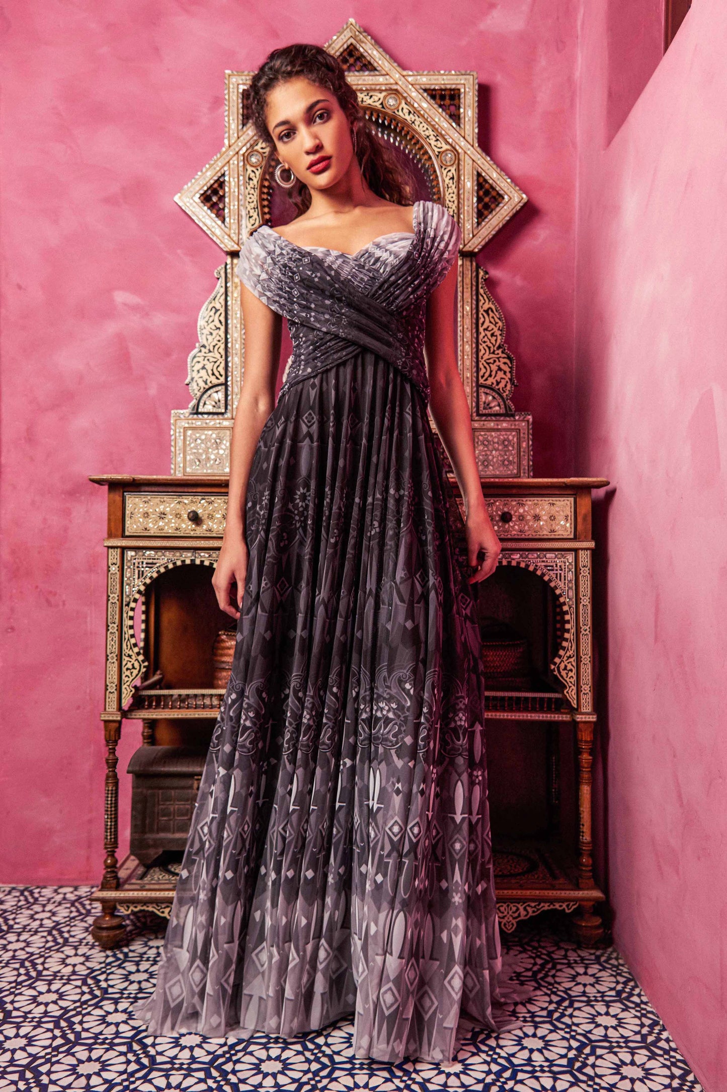 Crisscross Bodice Pleated Gown