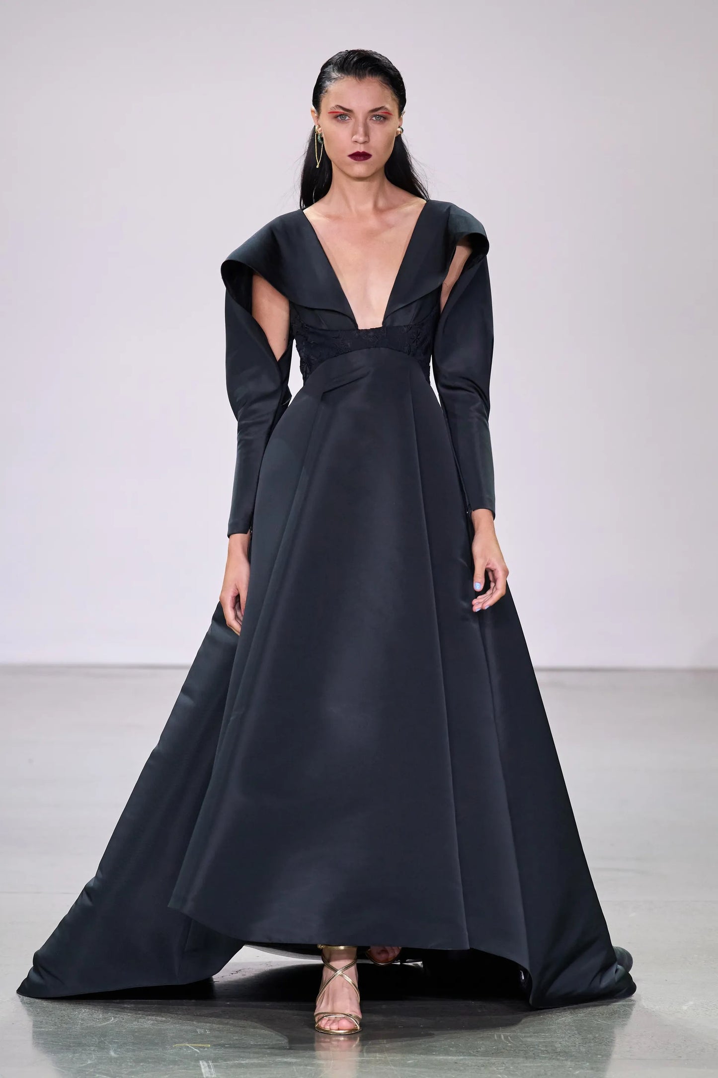 Faille Gown with Draped Wing Sleeve
