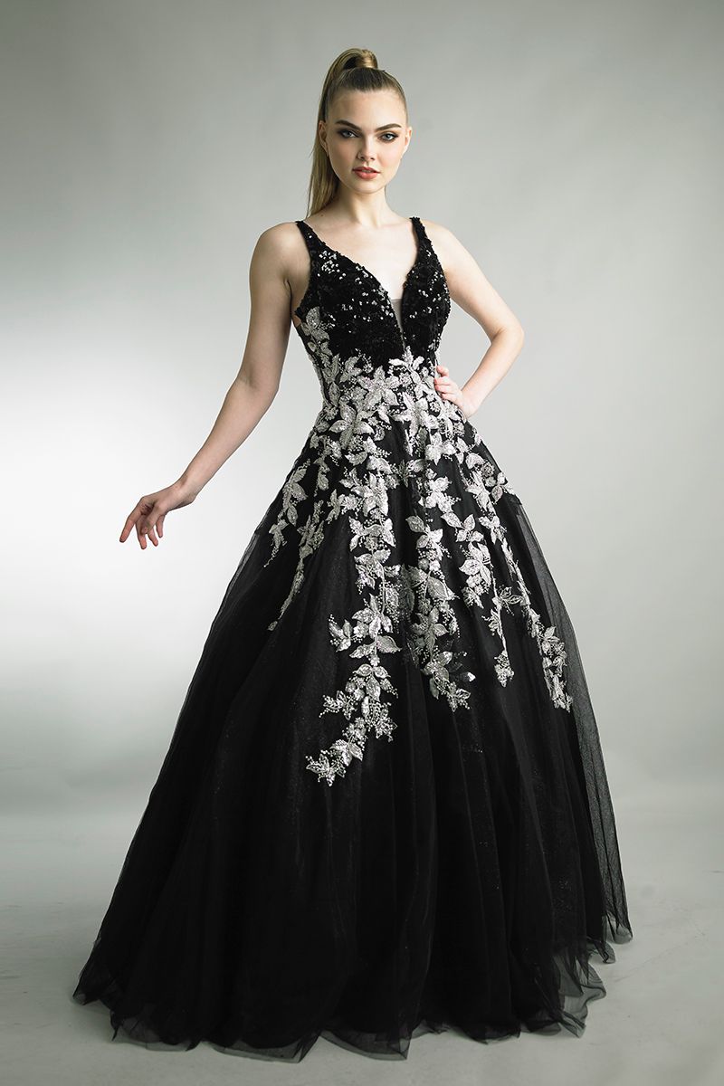 Sleeveless A-Line Gown with Cascading Florals