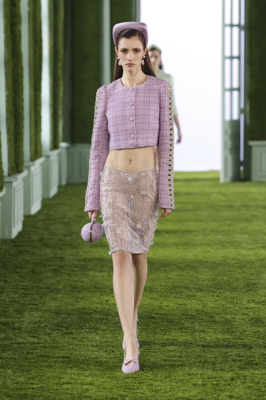 Cropped Tweed Jacket with Beaded Tulle Skirt