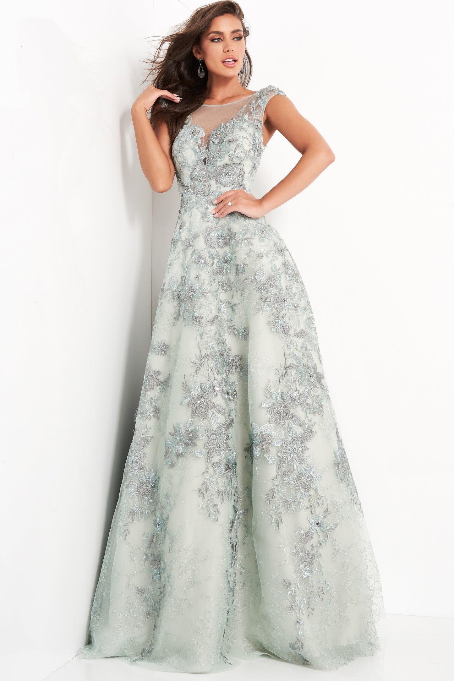 A Line Cap Sleeve Evening Gown