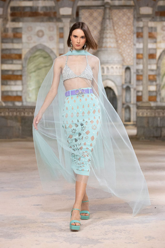 Beaded Bralette & Skirt with Tulle Shawl
