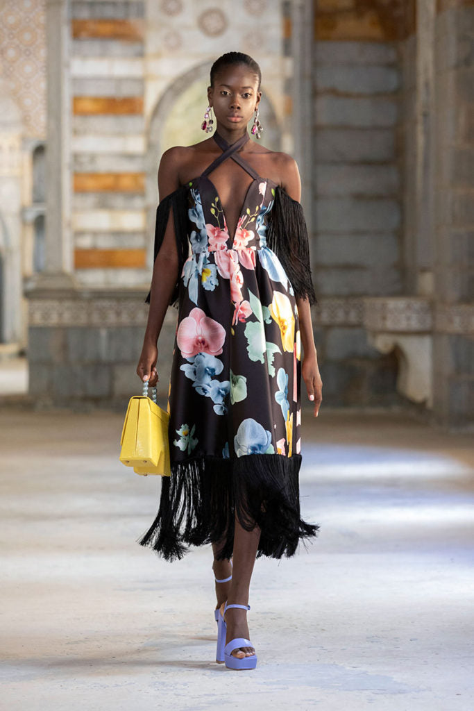 Printed Satin with Fringe Midi Dress