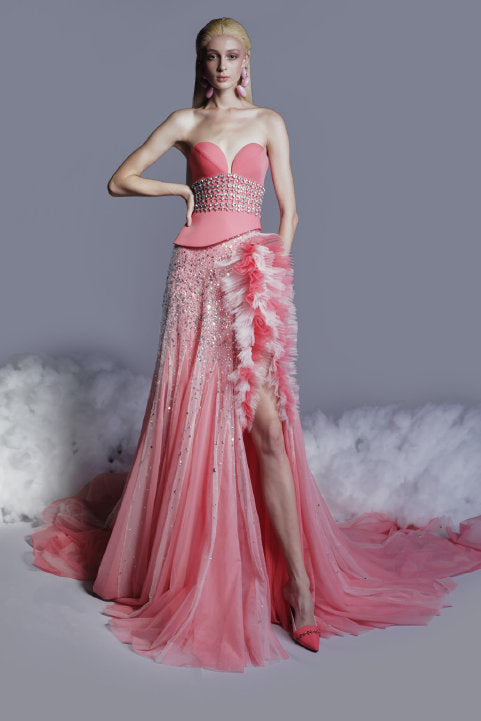 Beaded Crepe Corset Tulle Gown