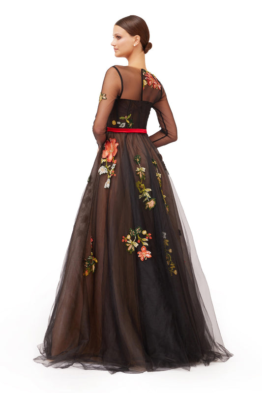 Long Embroidered Tulle Dress