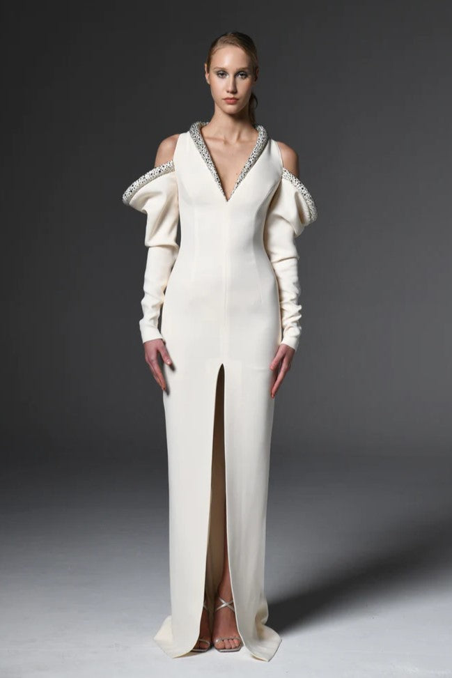 Cr?pe Gown with Draped Sleeves