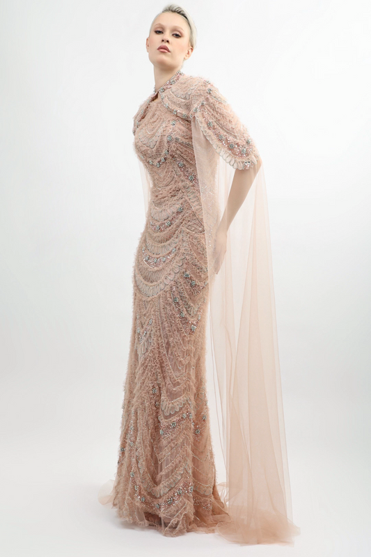 Fully Embroidered Cape Gown