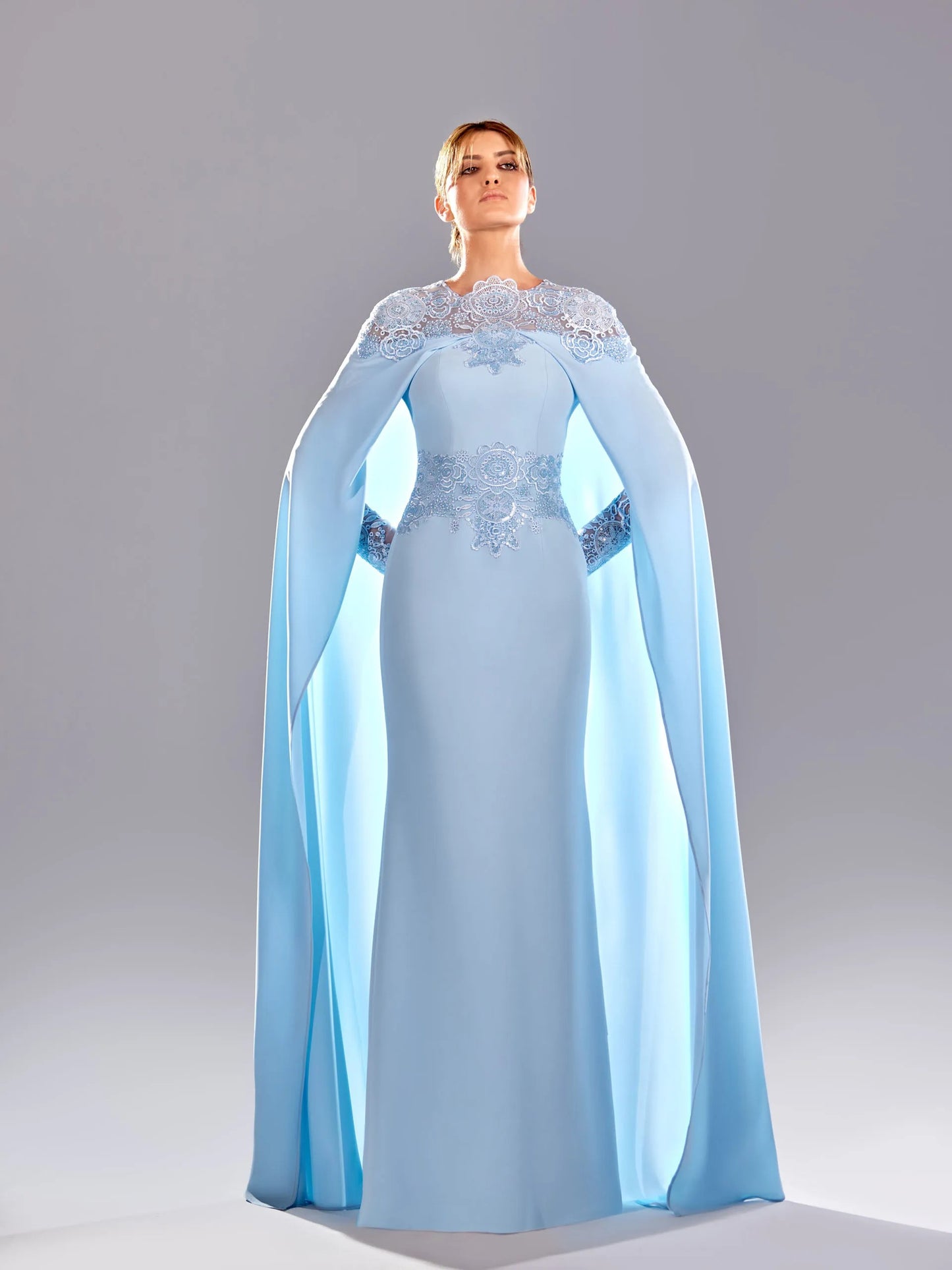 Embroidered Caped Gown