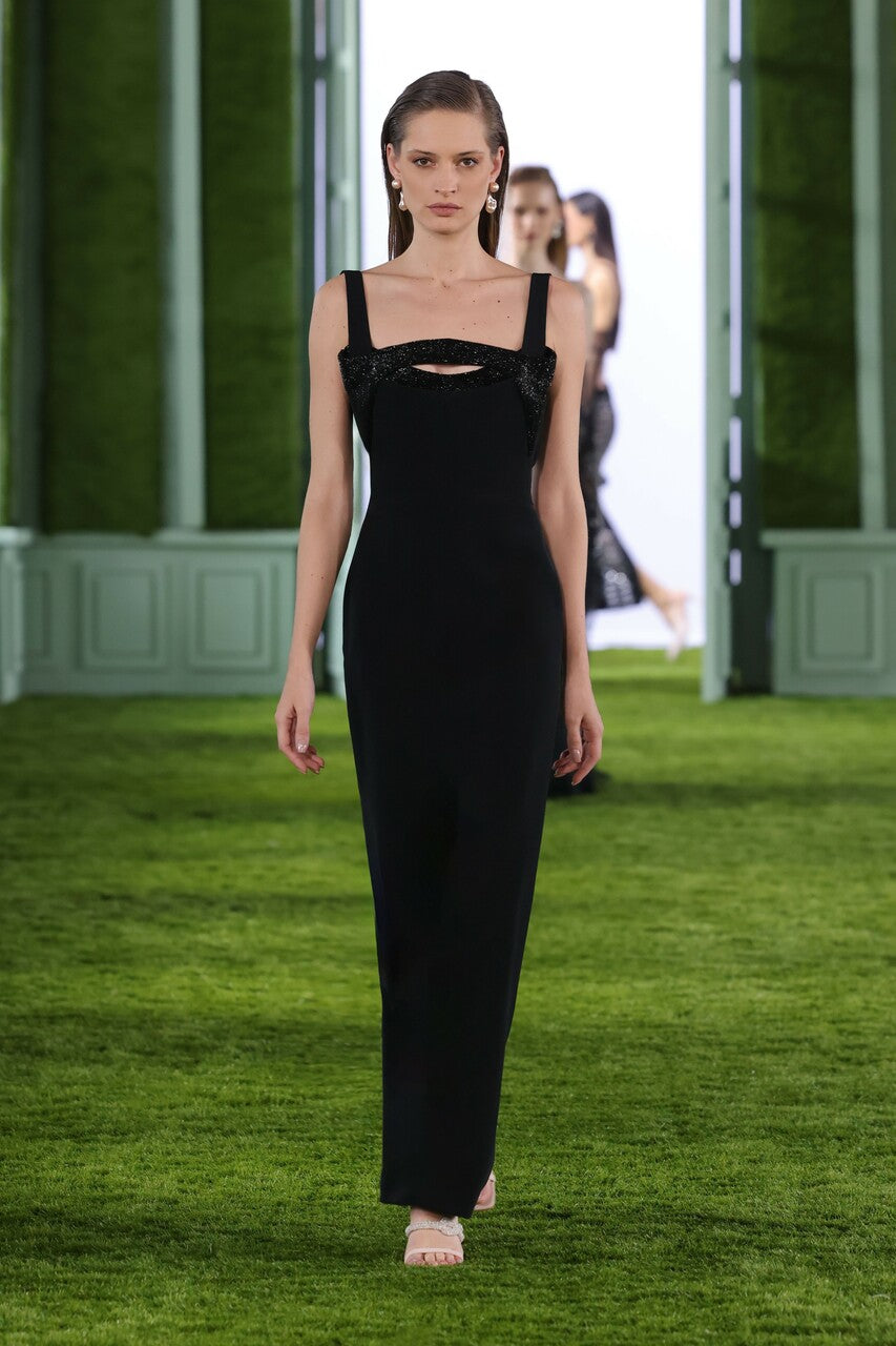 Crepe Gown with Crystallized Twisted Collar