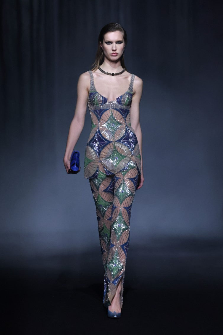 Beaded Tulle Corset Top with Pants