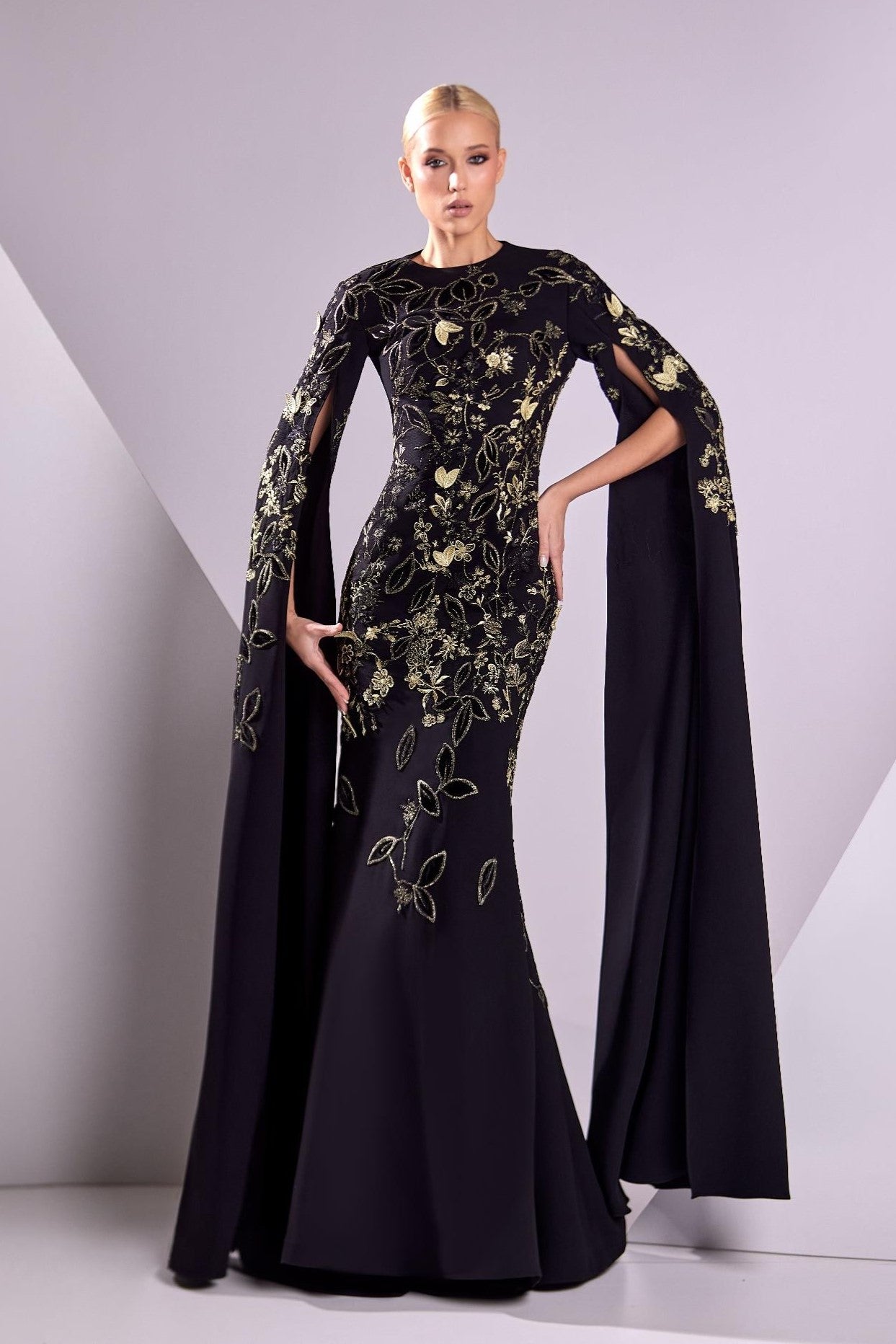 Crepe and Lace Cape Sleeve Gown