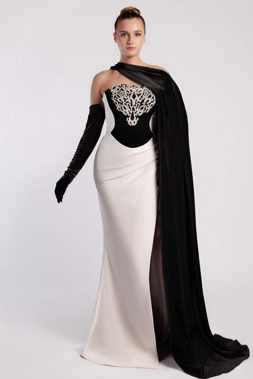 Velvet and Crepe Strapless Gown with Cape