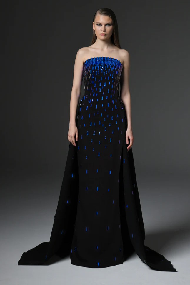 Fully Embroidered Cr?pe Gown with Overskirt