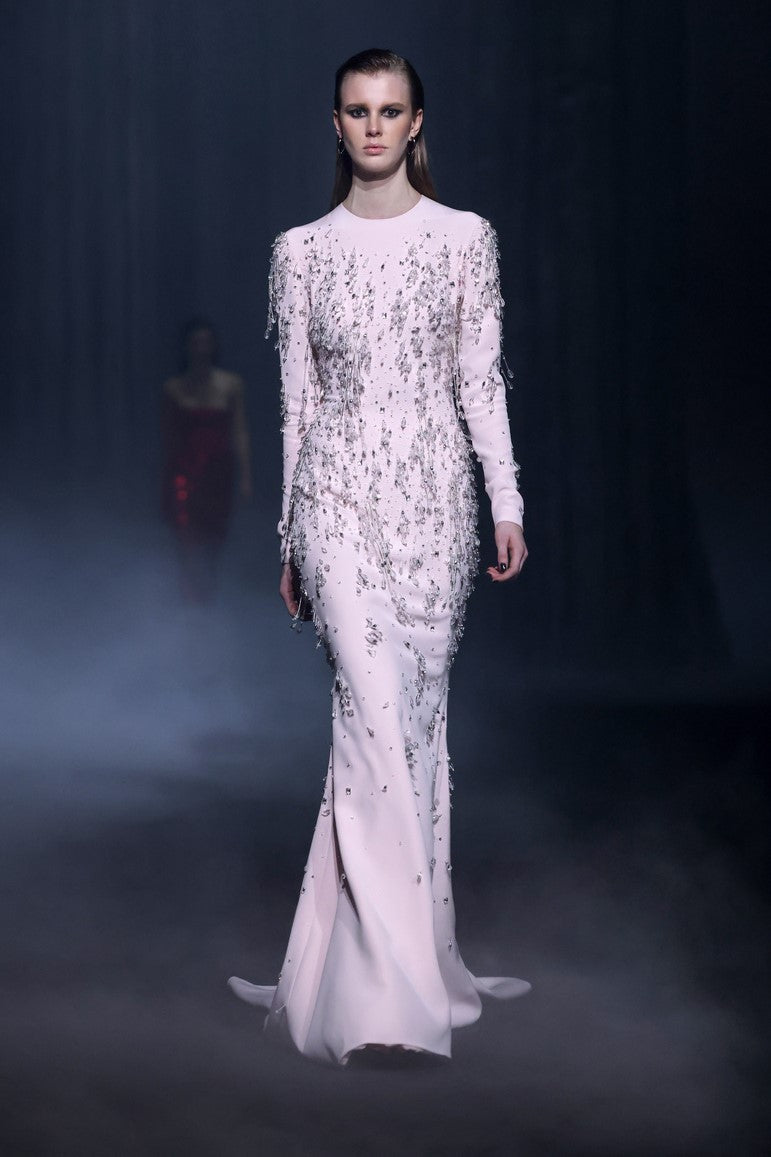 Beaded Crepe Gown with Open Back