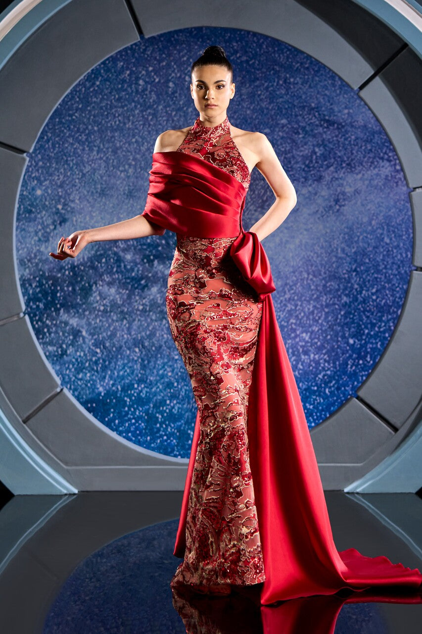 Lace Halter Gown with Cascading Train