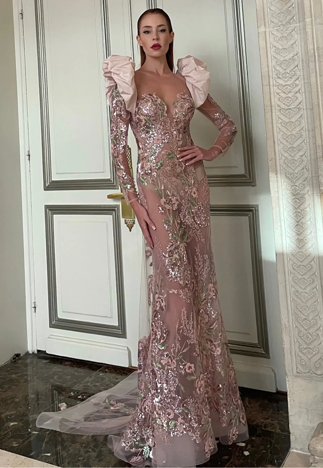 Long Sleeve Floral Embroidered Gown