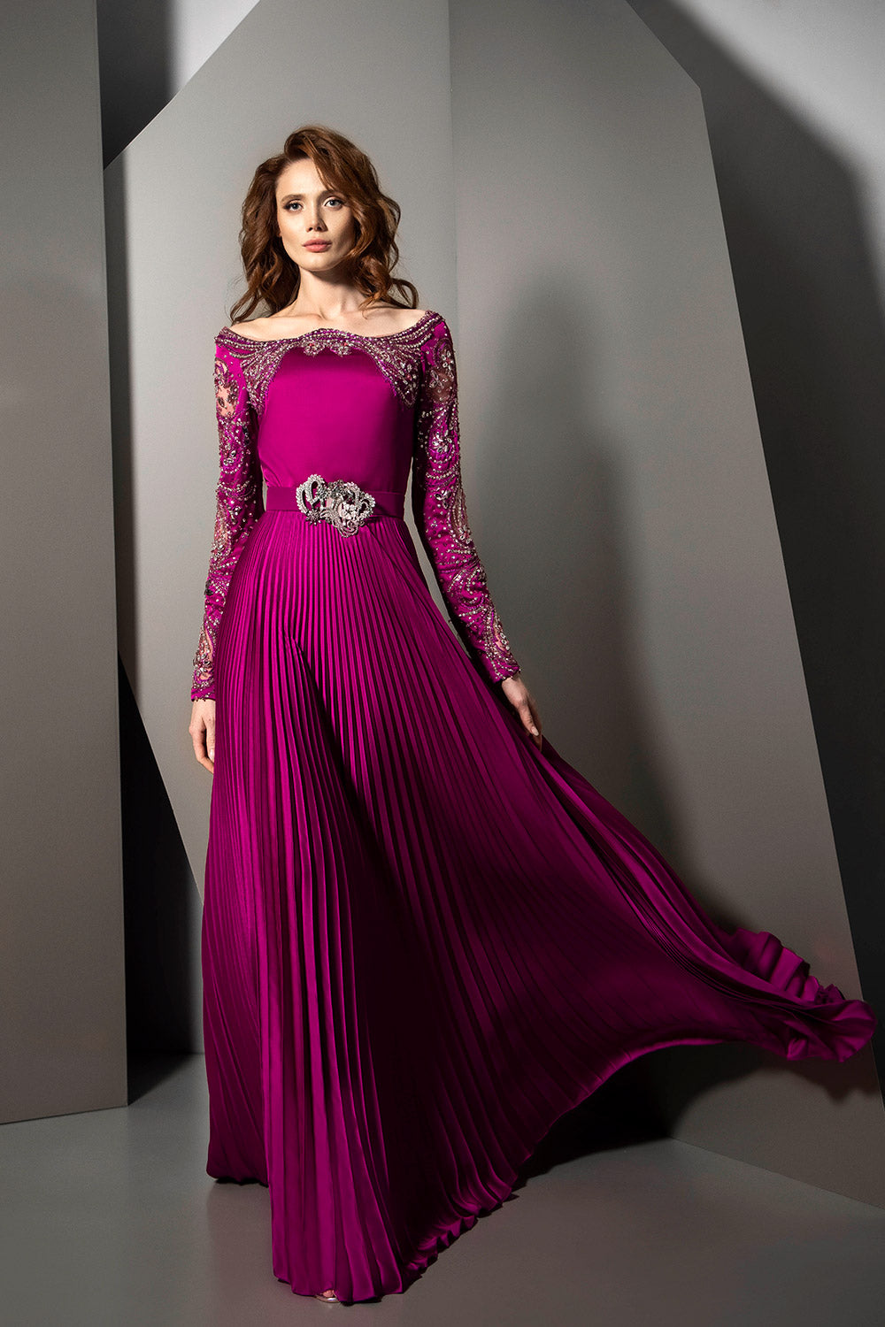 Embellished Boat Neck Pleated Gown