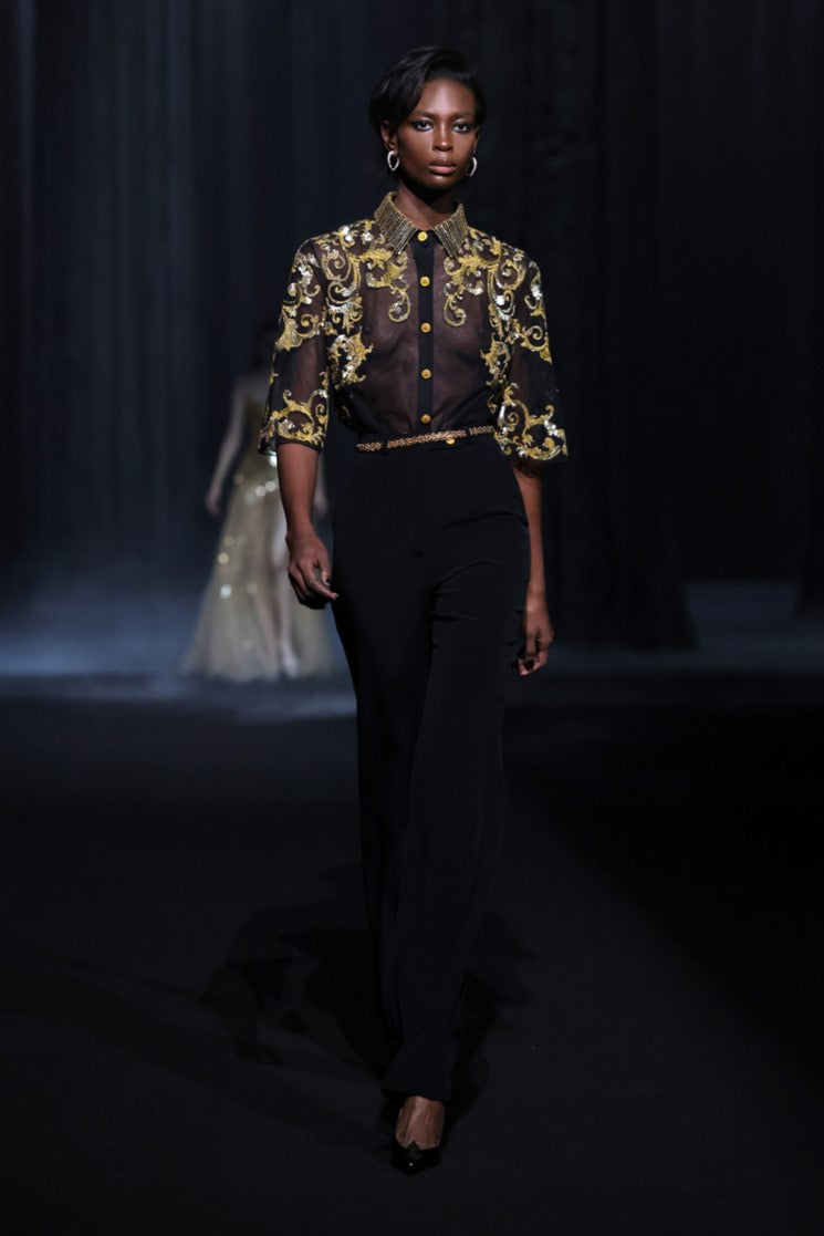 Beaded Tulle Shirt with Crepe Pants