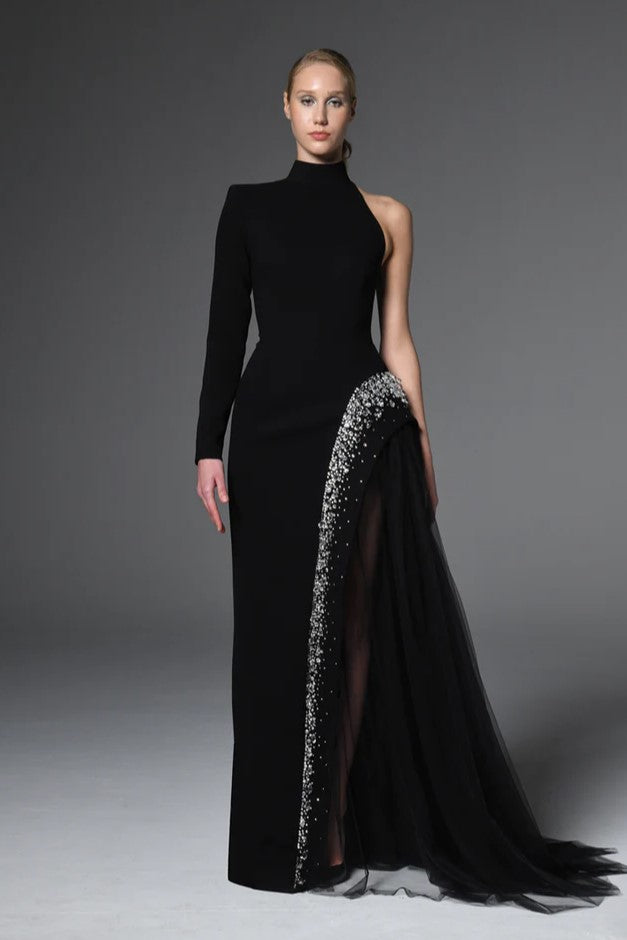 Asymmetric Cr?pe Gown with Crystal Embroidery