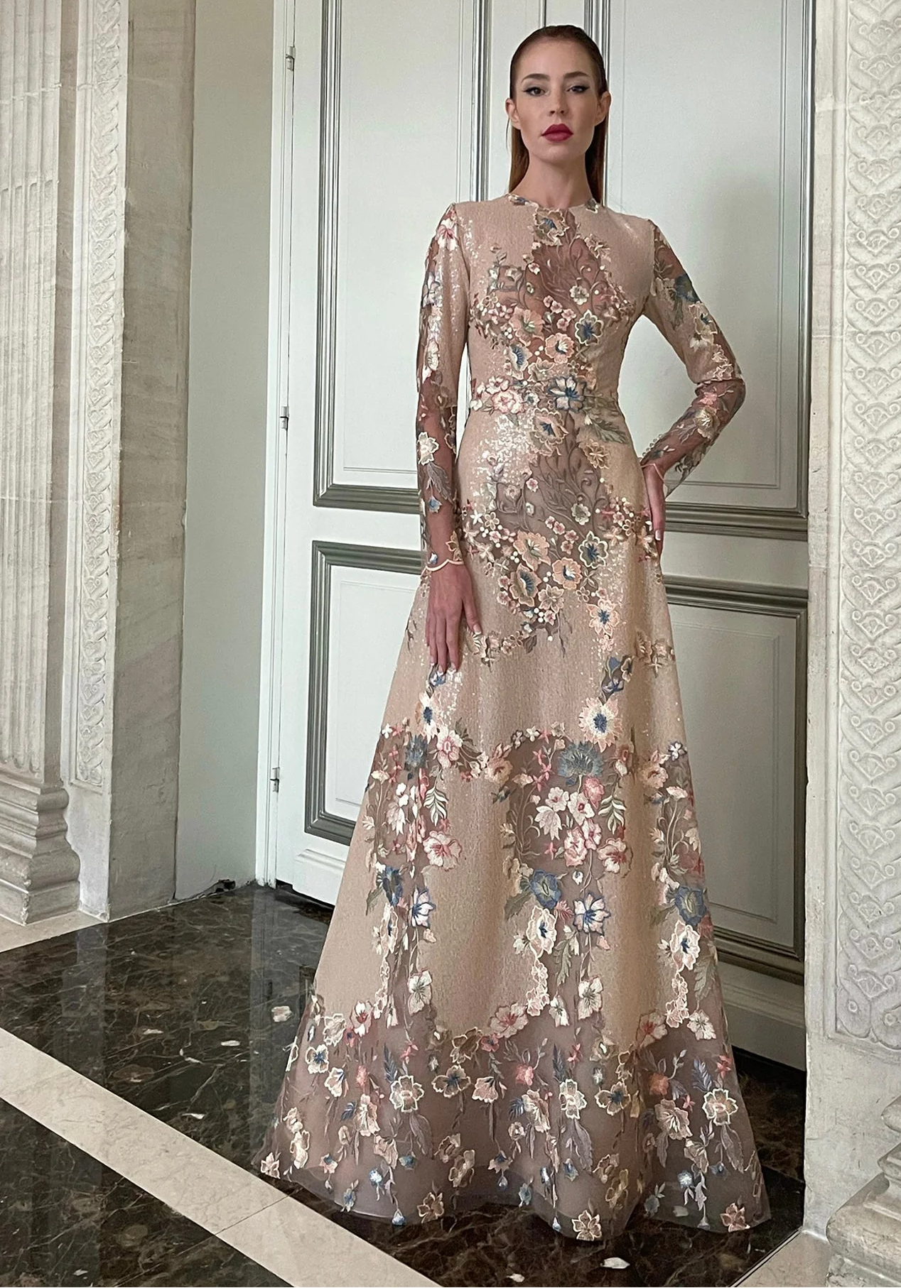 Long Sleeve A-Line Embroidered Gown