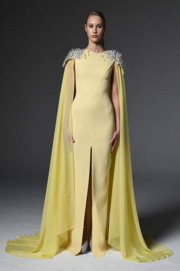Embroidered Cr?pe Gown with Chiffon Cape