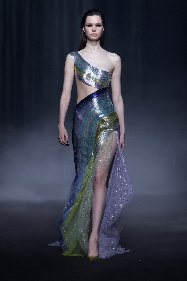 Beaded Tulle One Shoulder Gown with Ruffled Panels