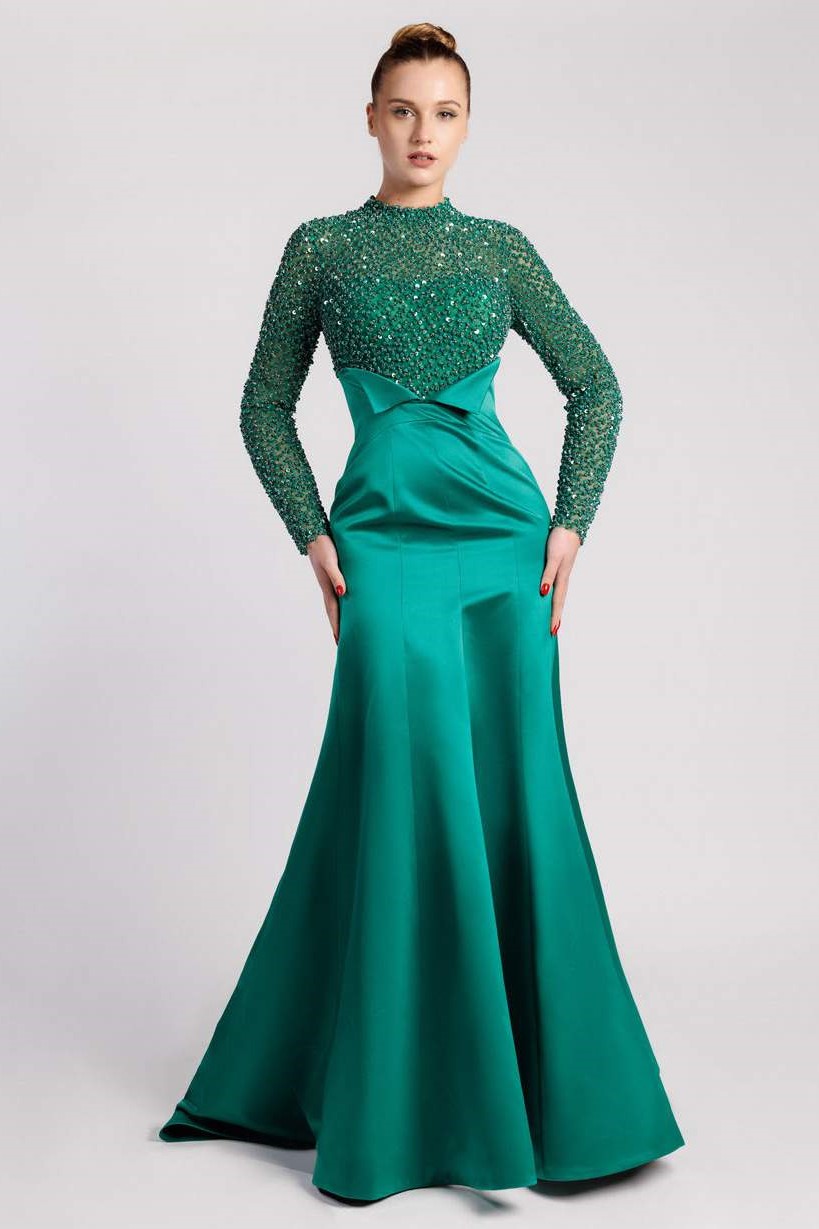 Fully Embroidered Long Sleeve Mermaid Gown