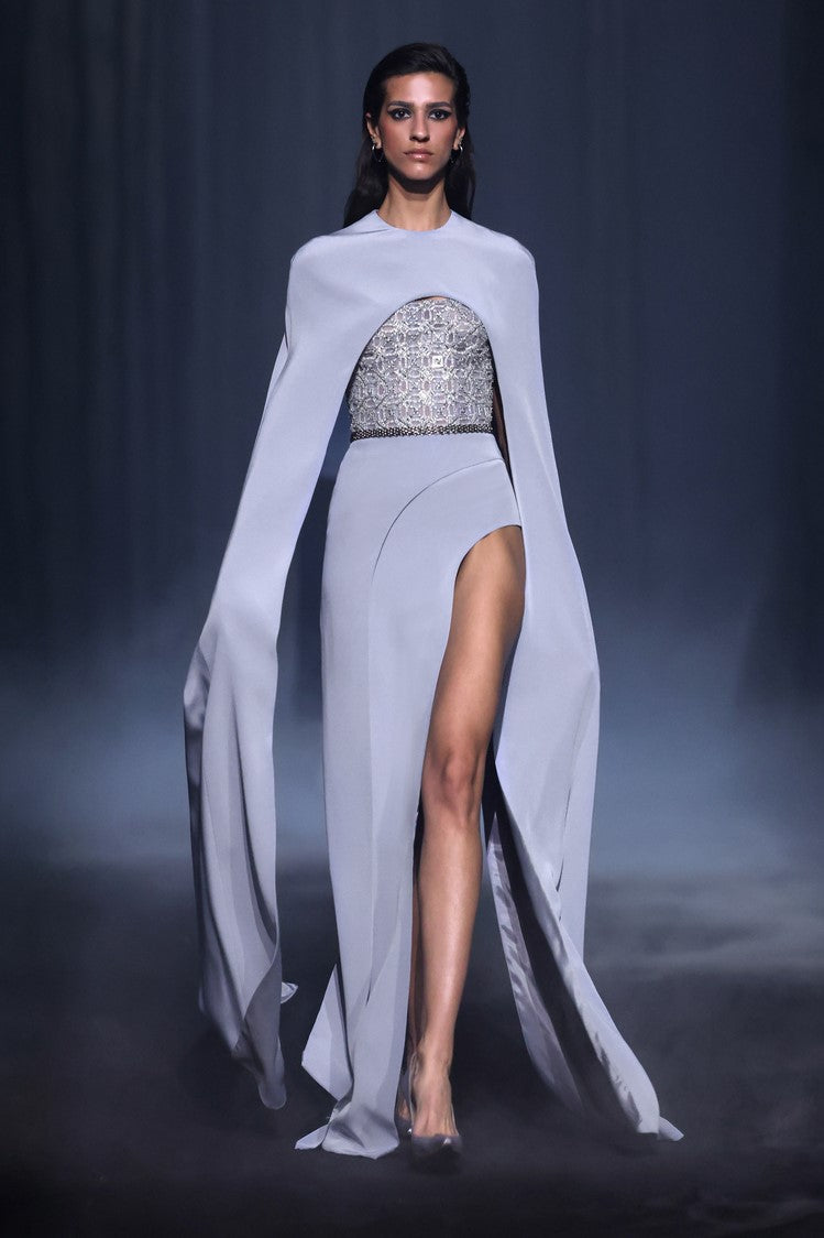 Strapless Crepe Gown with Long Cape