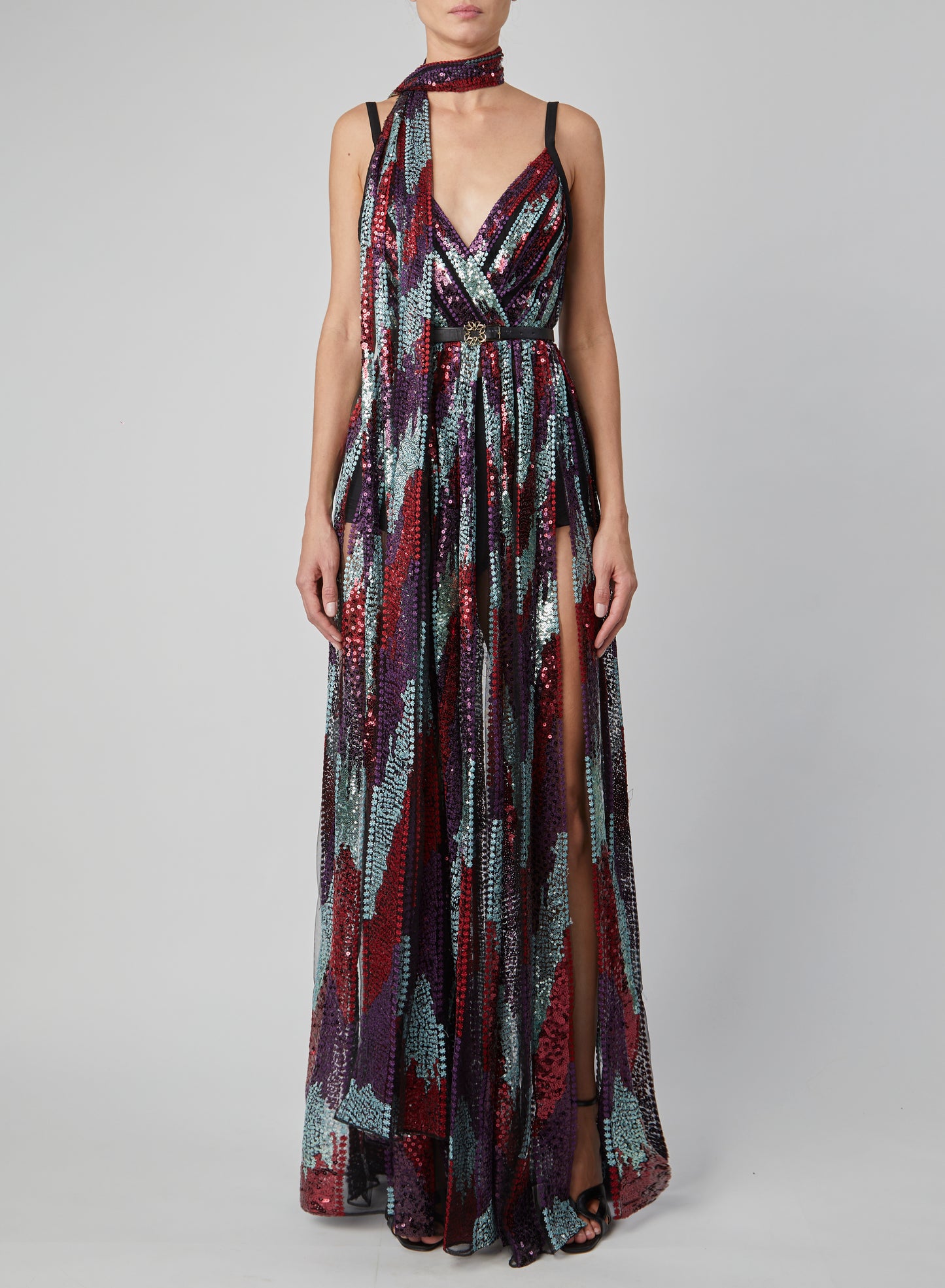 Multicolored Sequin Gown with Slit