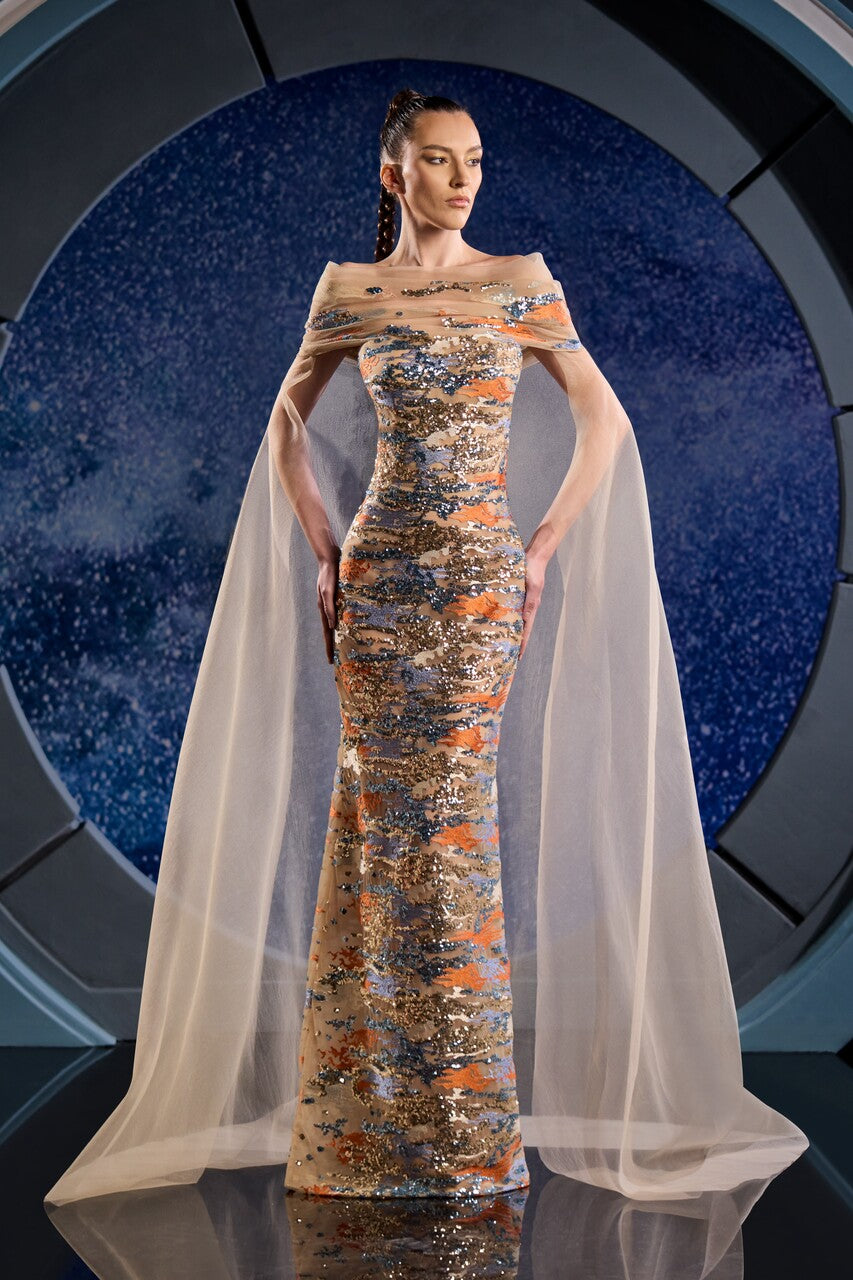 Off Shoulder Gown with Organza Cape