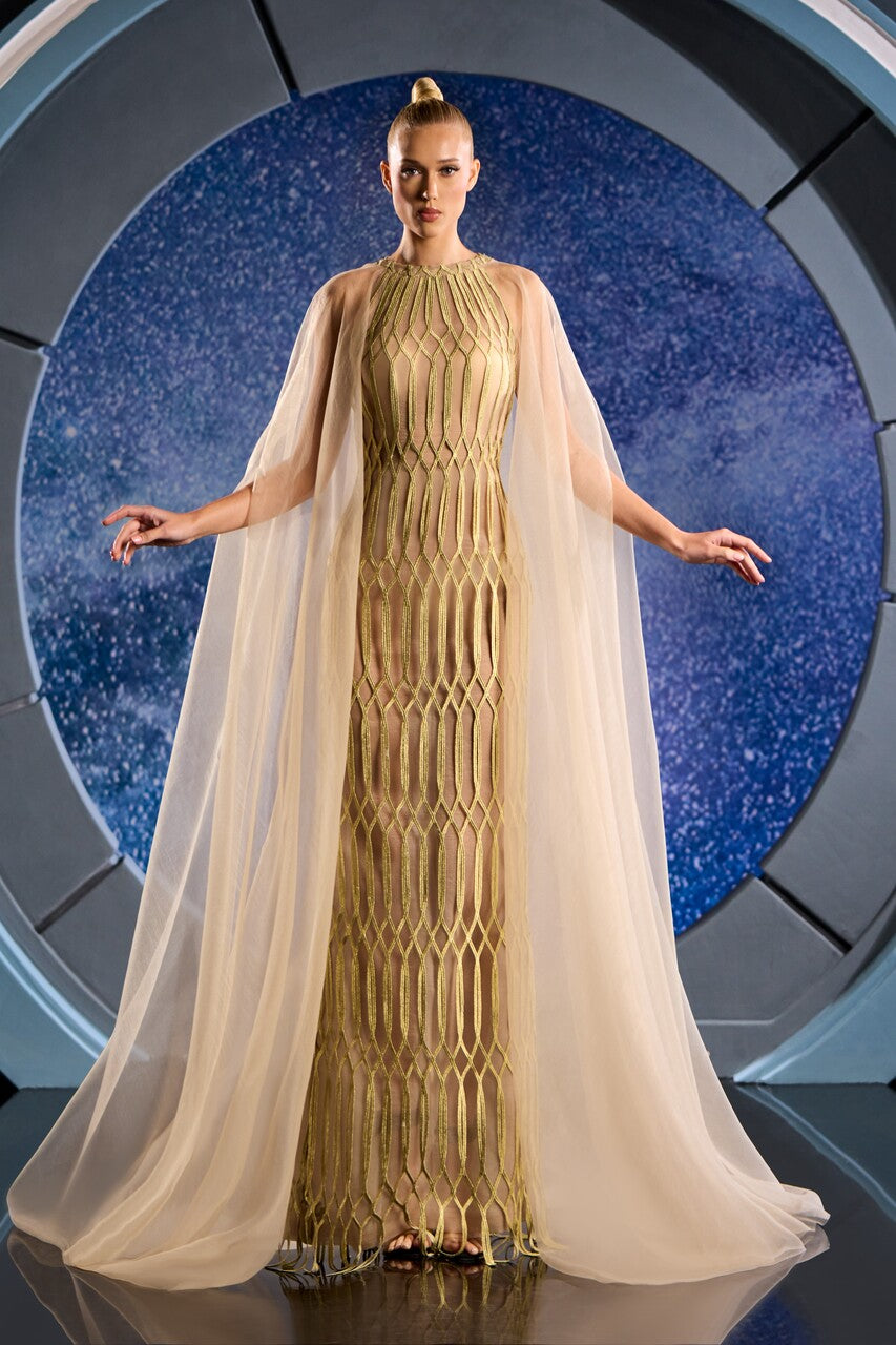 Lace Halter Neck Gown with Organza Cape