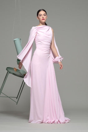 Long Sleeve Ruched Bodice Evening Gown