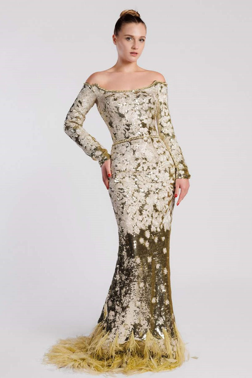 Tulle Embroidered Off Shoulder Gown