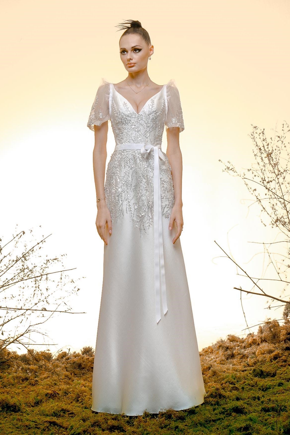 Short Sleeve Silk Gazar and Lace Gown