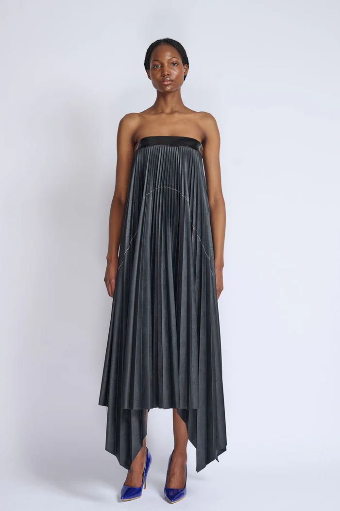 Strapless Vegan Leather Pleated Dress