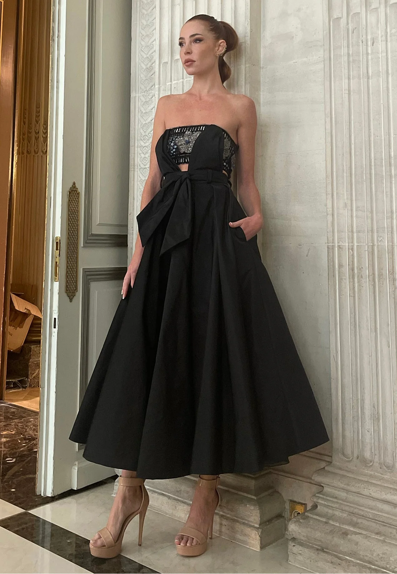 Strapless Pleated Midi Dress