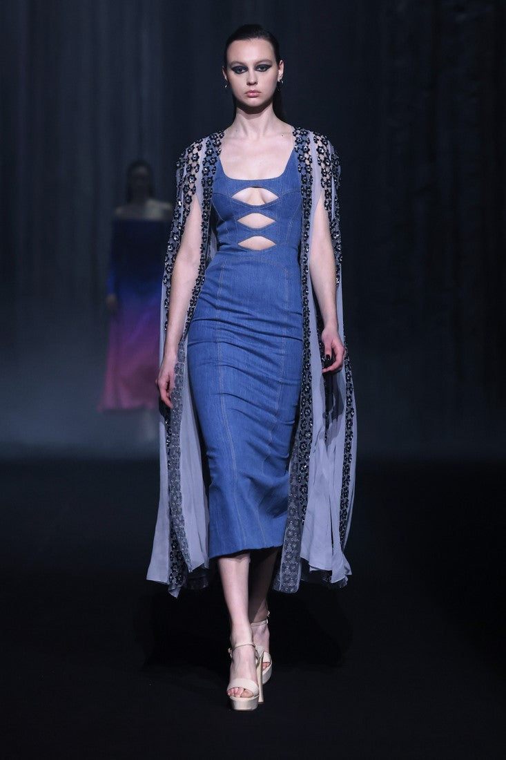 Denim Dress with Beaded Tulle Cape