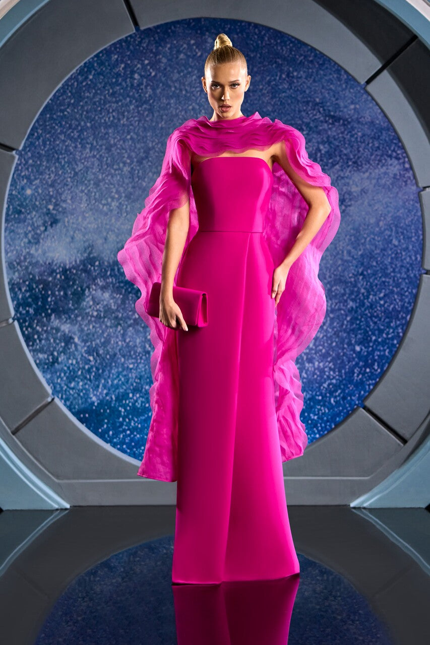 Strapless Crepe Gown with Ruffled Shawl