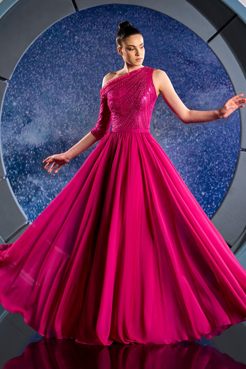 Beaded One Shoulder Mousseline Gown