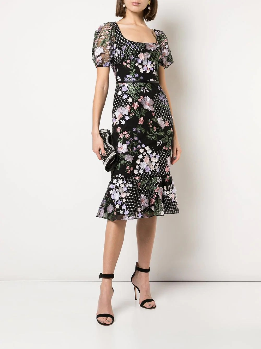 Short Sleeve Floral Embroidered Midi Dress