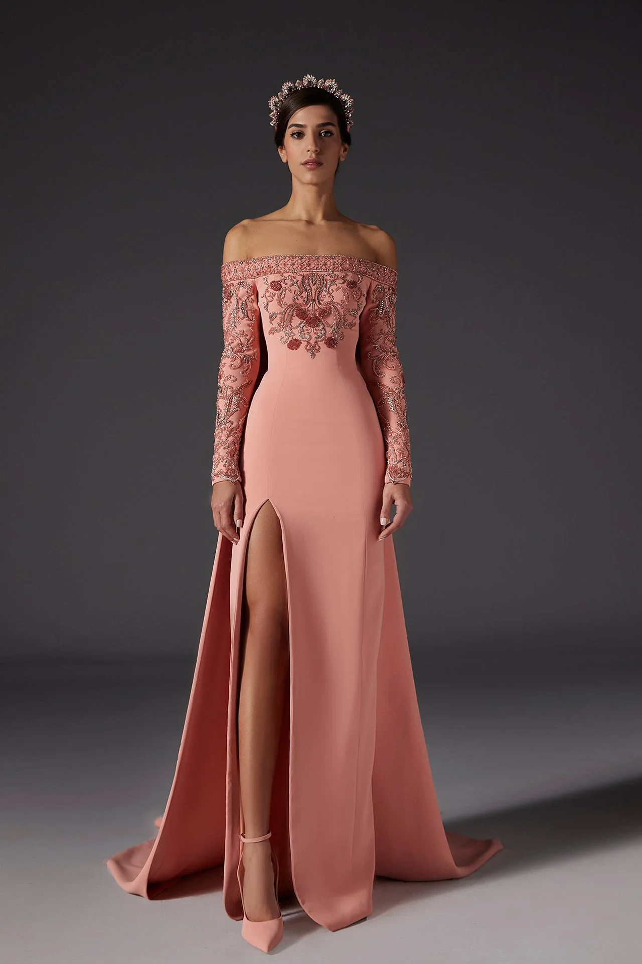 Off Shoulder Embroidered Gown with Train