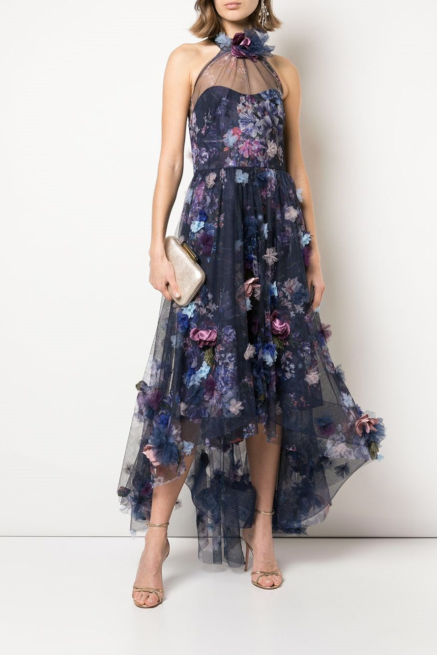 Halter Neck Printed Tulle Hi Lo Midi Dress