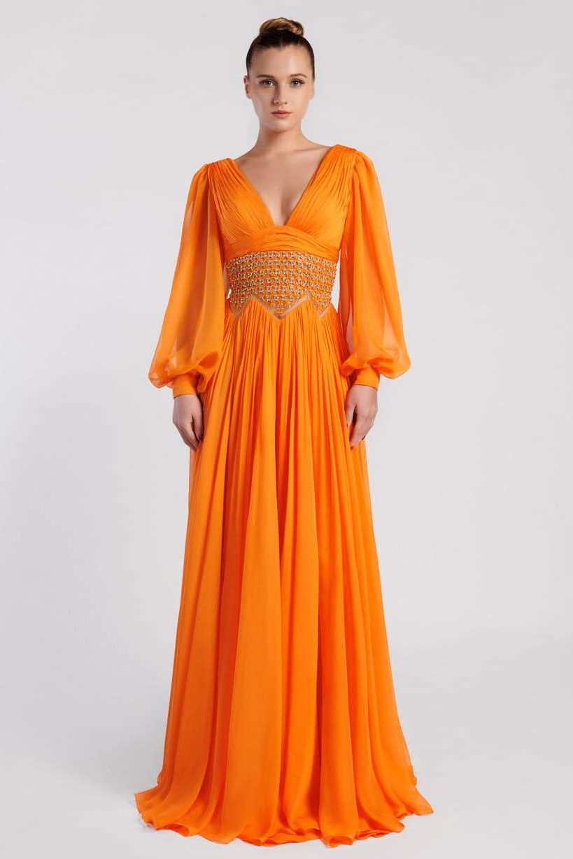 Chiffon Pleated Gown with Bishop Sleeves