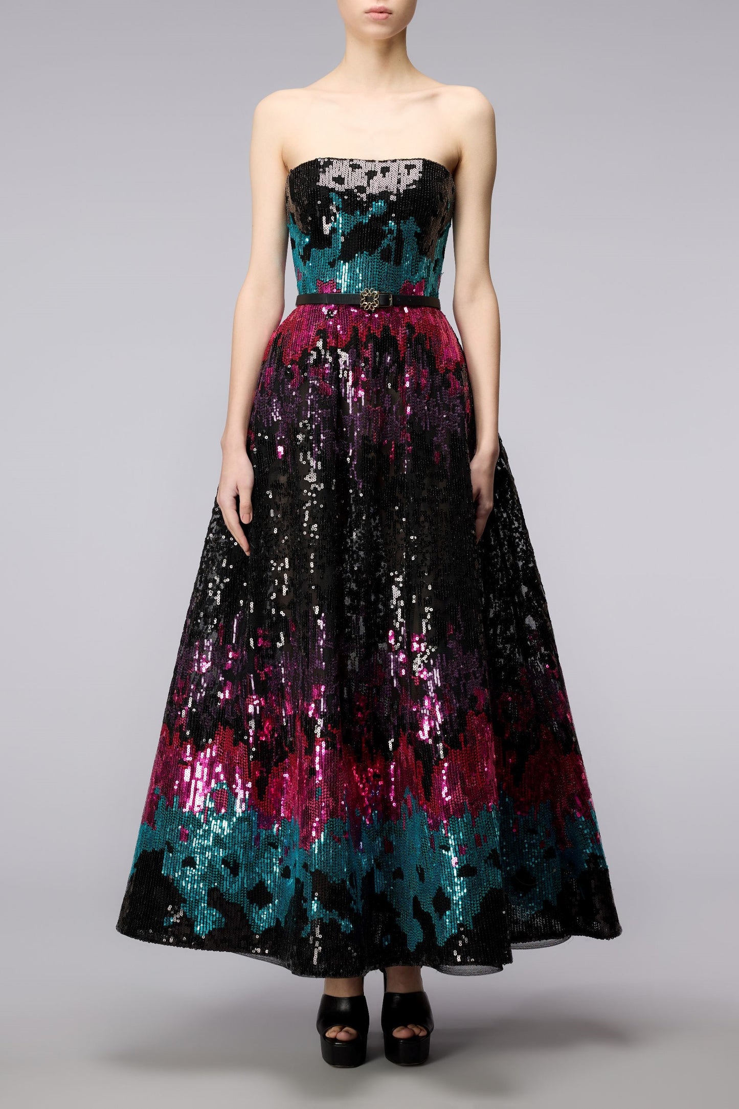 Strapless Tulle Embroidered Midi Dress