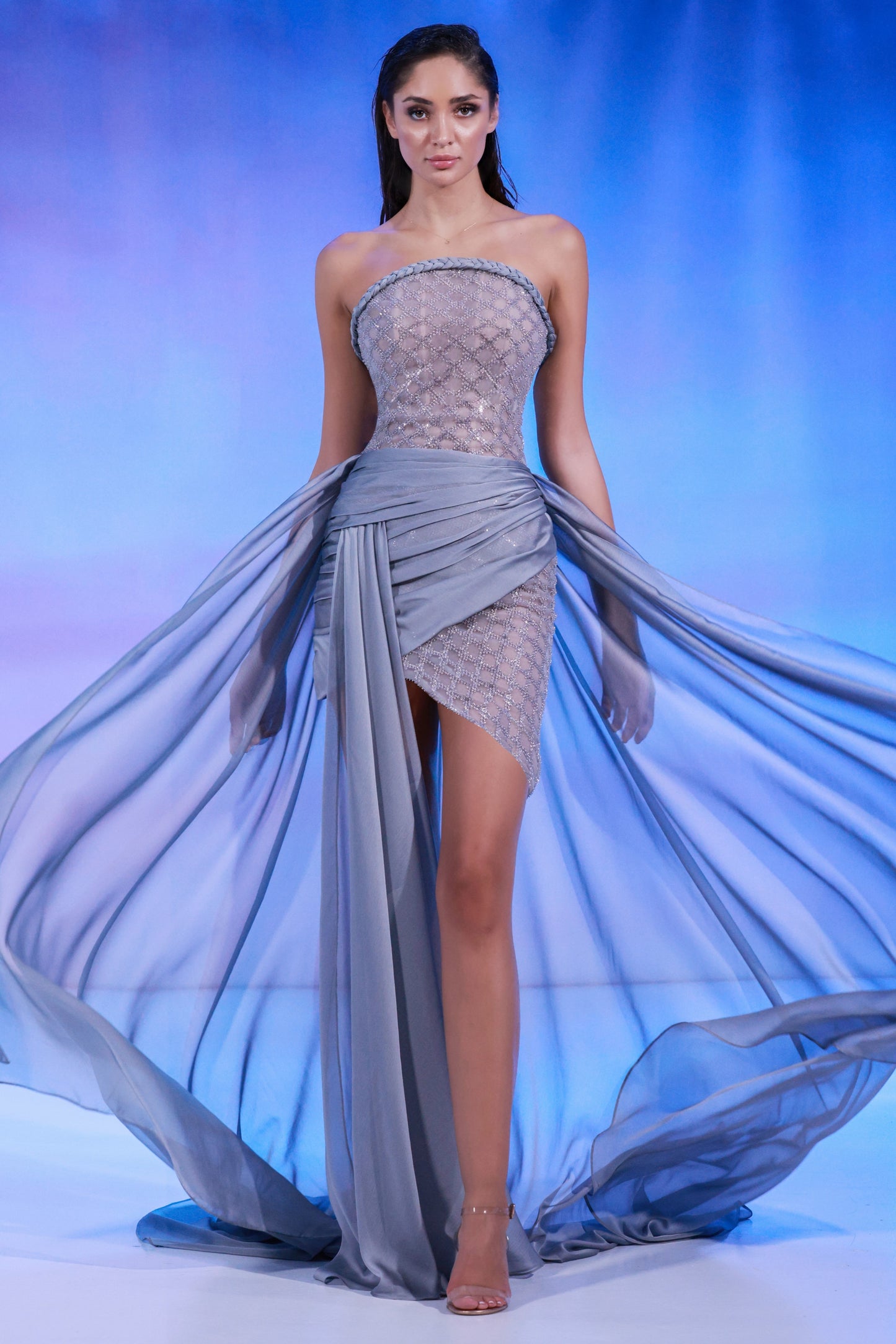 Short Beaded Strapless Gown