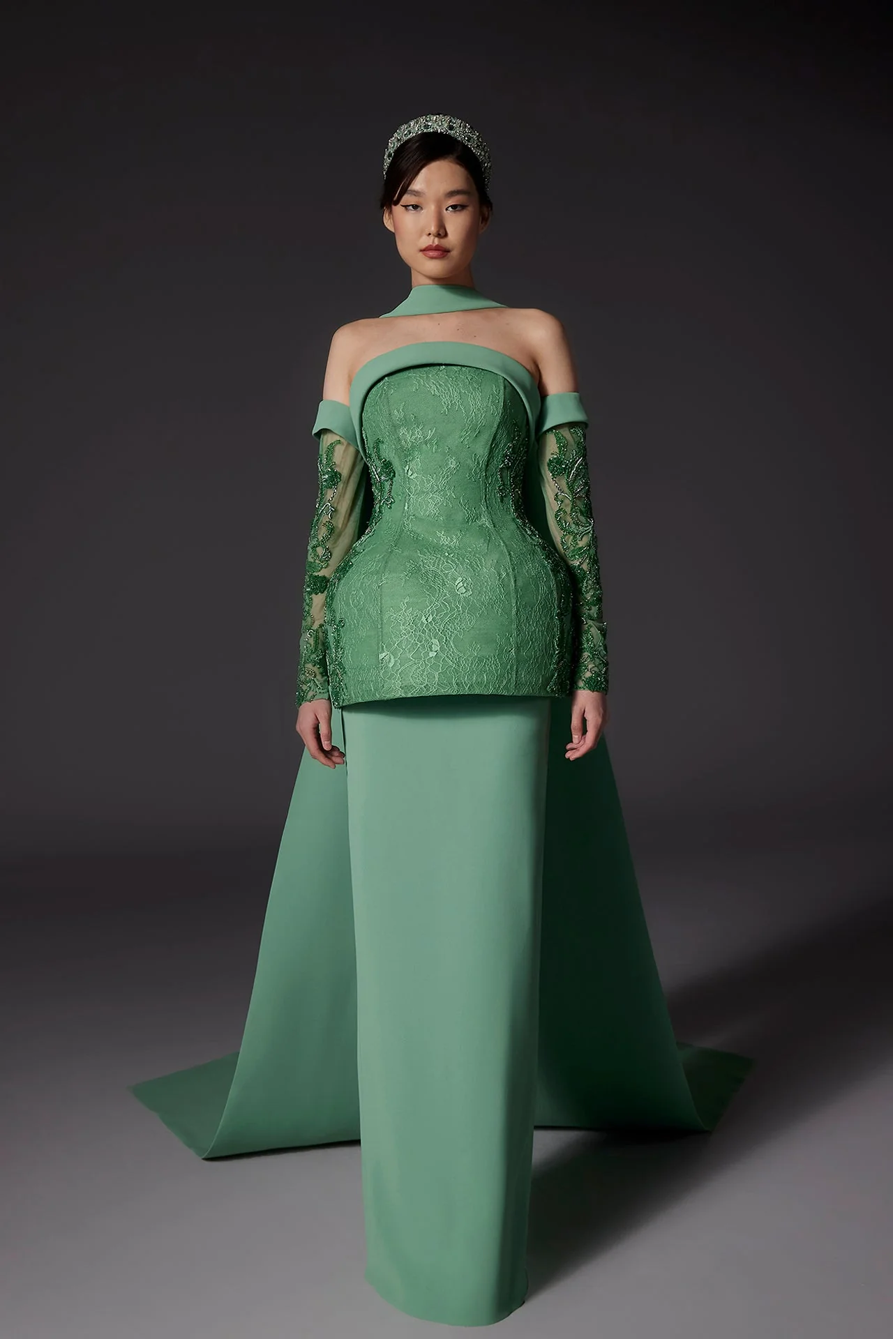 Off Shoulder Lace and Crepe Gown