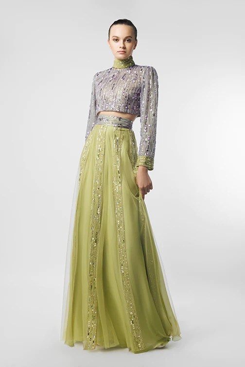 Long Sleeve Embellished High Neck Gown