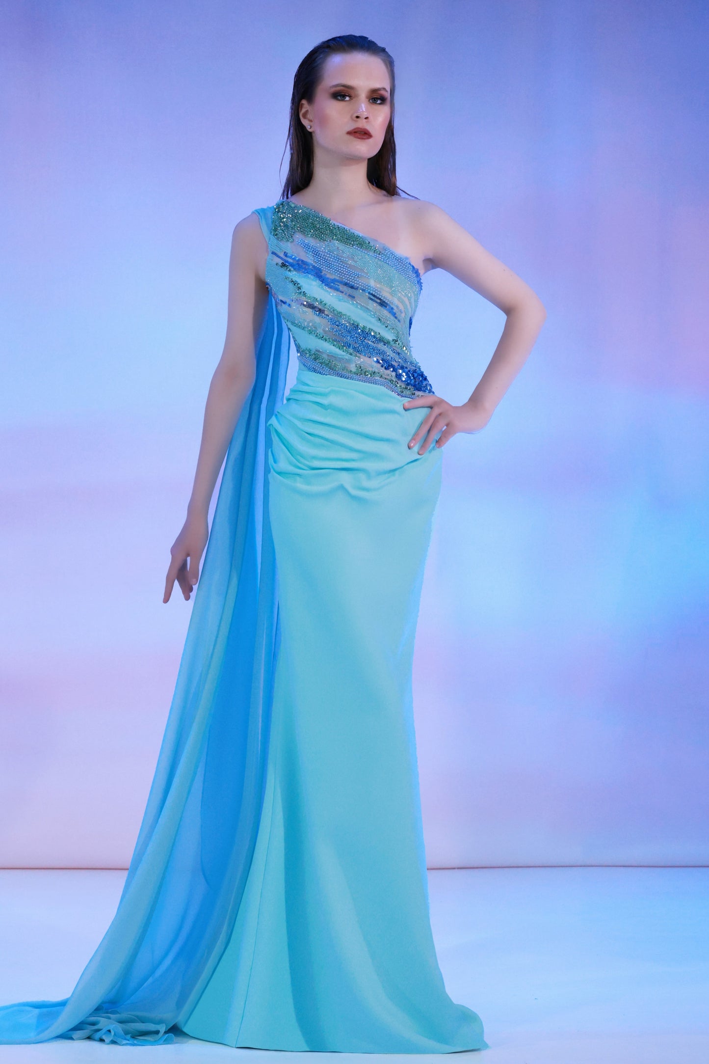 Crepe Beaded One Shoulder Gown