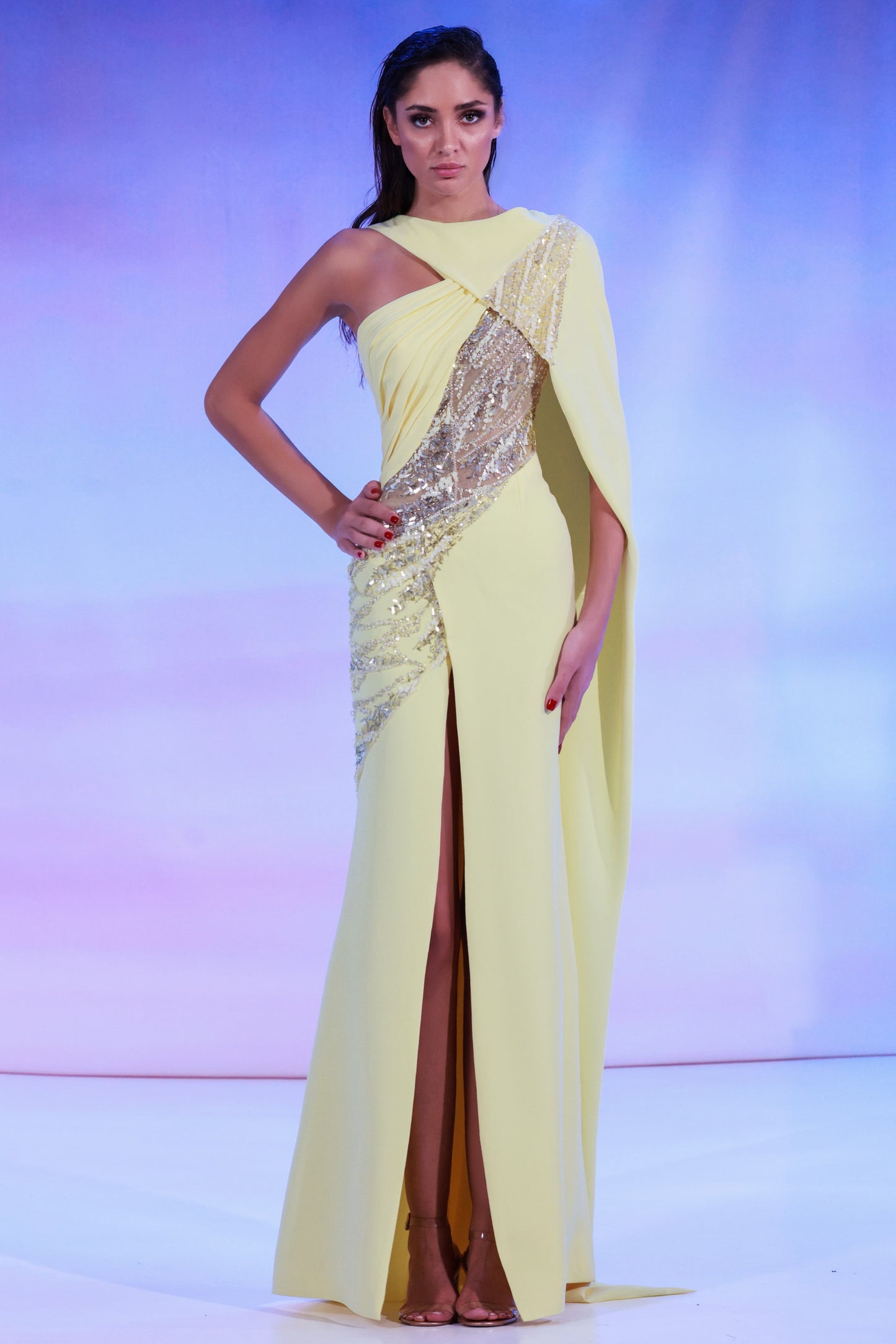 Crepe Gown with One-Sided Cape